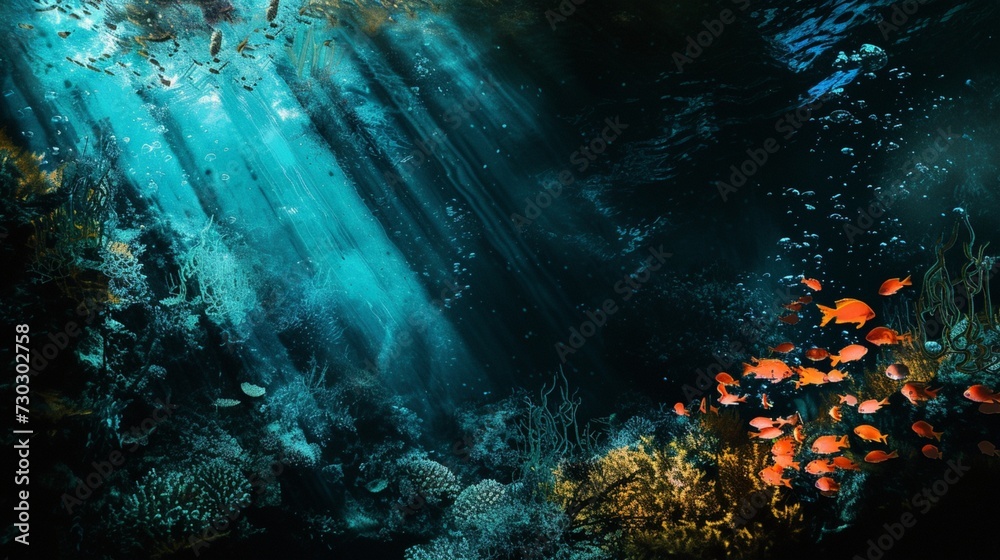 An abstract underwater scene with pulsating bioluminescent creatures, coral reefs teeming with life, and shafts of sunlight penetrating the depths