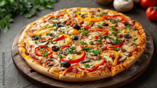 A vegetarian pizza with colorful bell peppers, mushrooms, olives, and melted cheese