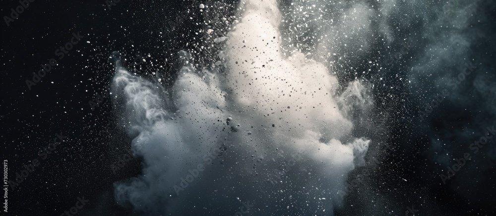 Capture still image of white dust explosion on dark backdrop.
