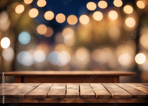 Wooden Table Illuminated by Evening Street Blurred Bokeh: Cozy Urban Ambiance