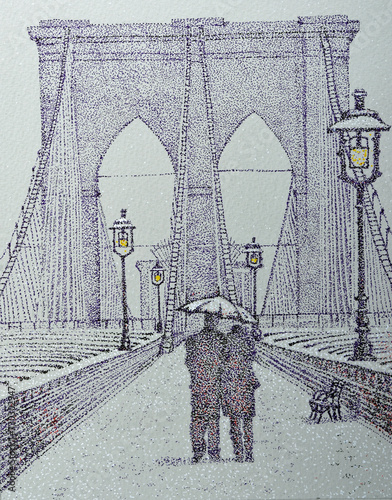 Pointilliste style painting of the Brooklyn Bridge in the snow. photo