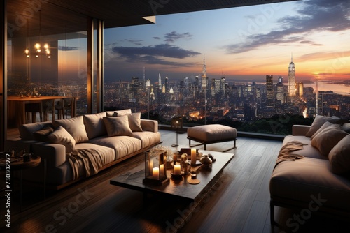 A luxurious penthouse interior with a city skyline view