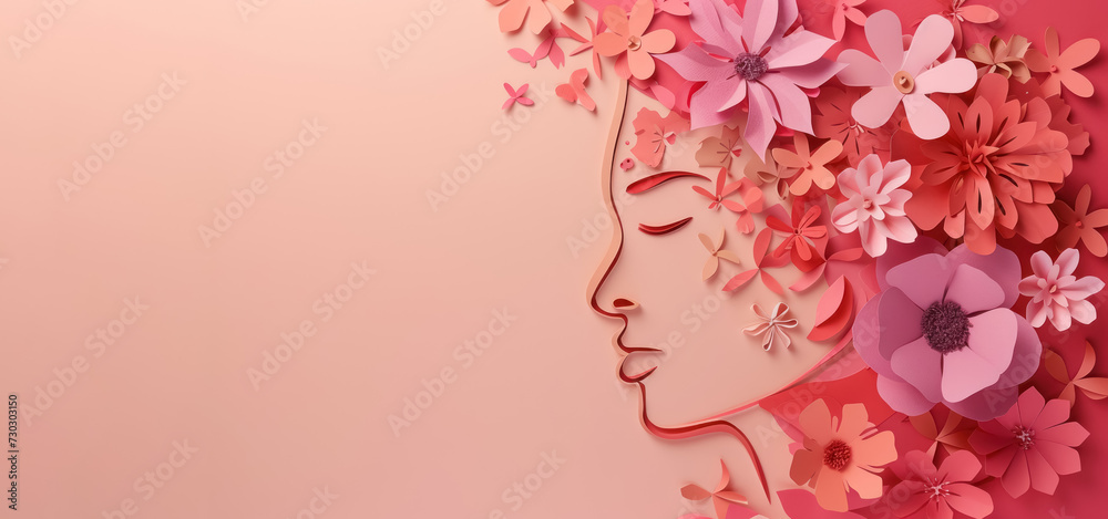 delicate paper cut woman's profile with floral hair design for international women's day banner with large copy space delicate paper cut woman's profile with floral hair design for international women's day banner with large copy space