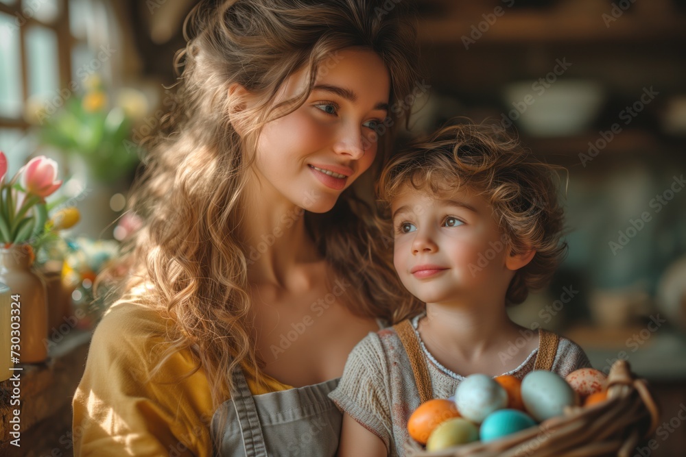 Fototapeta premium Cheerful woman and toddler holding basket full of painted eggs, sharing loving embrace, Easter festivity. Joyous mother cuddles with child, basket of colorful Easter eggs in hand, affectionate bond
