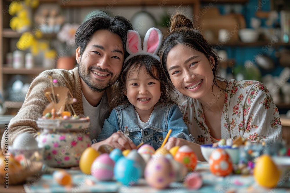 Close-knit Asian family in cozy sweaters, bunny ears on, adoringly gaze at Easter eggs on table. adults and children enjoy Easter, bunny ears atop, warm smiles, colorful eggs foreground. Close-knit Asian family in cozy sweaters, bunny ears on, adoringly gaze at Easter eggs on table. adults and children enjoy Easter, bunny ears atop, warm smiles, colorful eggs foreground.