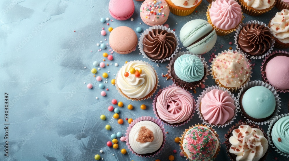An overhead shot of a dessert table with cupcakes, cake pops, and macarons An overhead shot of a dessert table with cupcakes, cake pops, and macarons