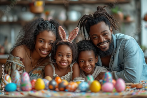 Joyful African American family with Easter bunny ears smiles warmly  surrounded by vibrant eggs and crafts. Smiling family wearing gathers around festive Easter eggs  sharing a delightful moment