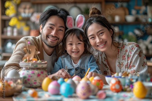 Close-knit Asian family in cozy sweaters, bunny ears on, adoringly gaze at Easter eggs on table. adults and children enjoy Easter, bunny ears atop, warm smiles, colorful eggs foreground.