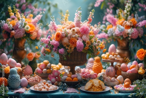 Lavish Easter floral arrangement; pastel eggs adornment; festive feast of spring in full bloom.; Extravagant Easter table setting; lush flowers; eggs; symbolizing renewal and joy of spring