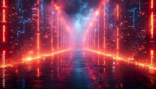 Cyberpunk Aesthetic Neon Abstract - Digital Cityscape Horizon, Futuristic Background