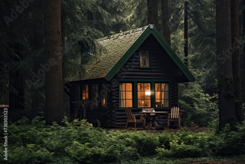 Cozy cabin nestled in serene forest  peaceful retreat in nature