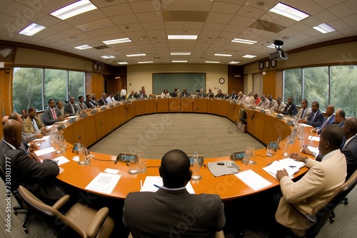 African American business leaders confer at table  reflection shows unity and serious discussion. Group of African American professionals in deep discussion  mirrored table reflects corporate unity