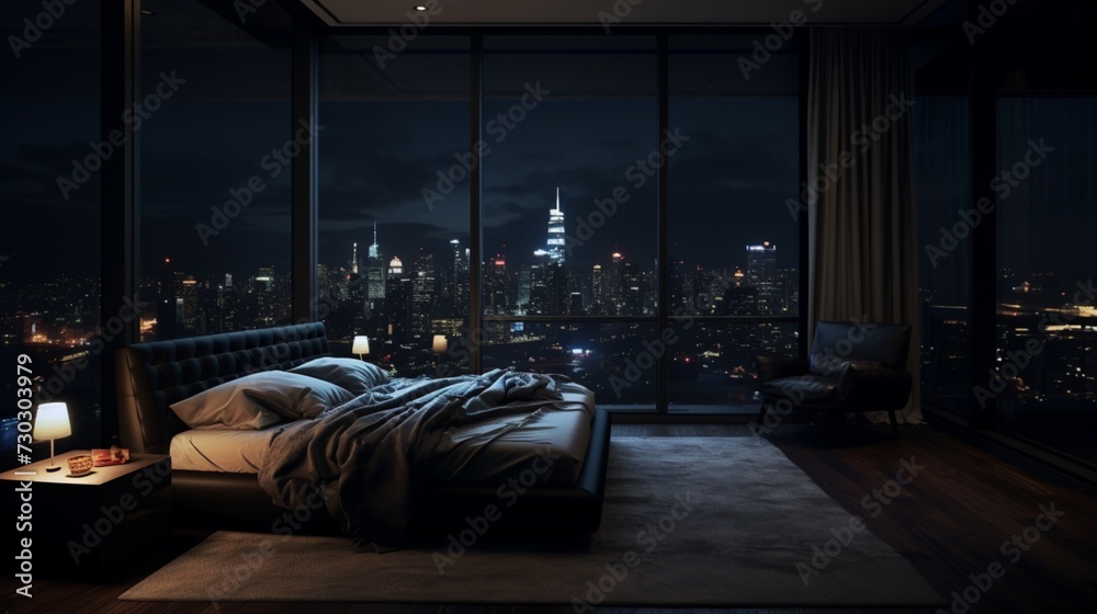 penthouse bedroom at night, dark gloomy, A room with a view of the city from the bed 