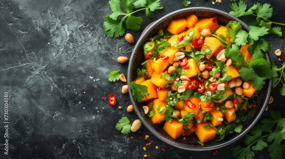 A vibrant and spicy Thai mango salad with sliced mango, chili, cilantro, and peanuts A vibrant and spicy Thai mango salad with sliced mango, chili, cilantro, and peanuts