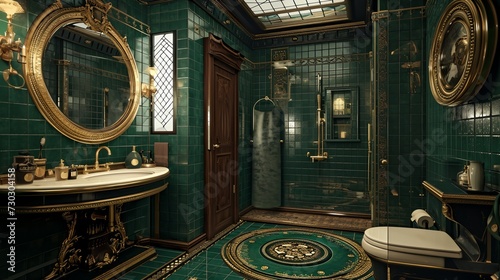 a bathroom with a green tiled wall