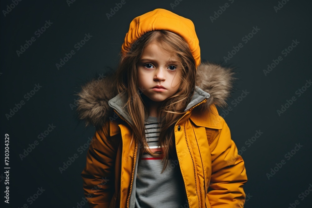 Portrait of a little girl in a yellow jacket and a hat on a dark background. Portrait of a little girl in a yellow jacket and a hat on a dark background.