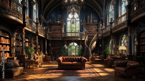 A historic library with tall bookshelves and classic architecture