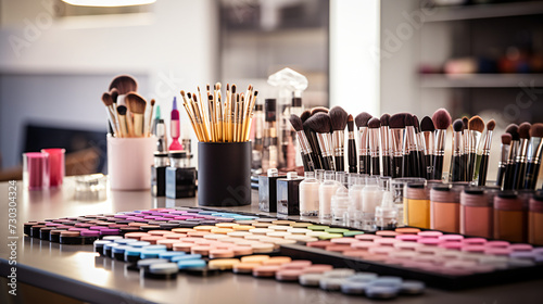 Brushes and Different Cosmetics on Table of Makeup