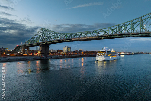 Cruise ship leaving the Port of Montreal at nightfall.
