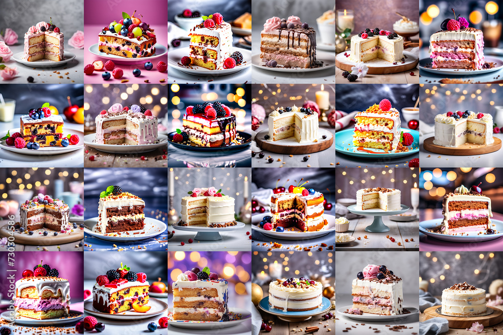 Composition of 24 different beautiful delicious fruit cakes for cooking blog or channel