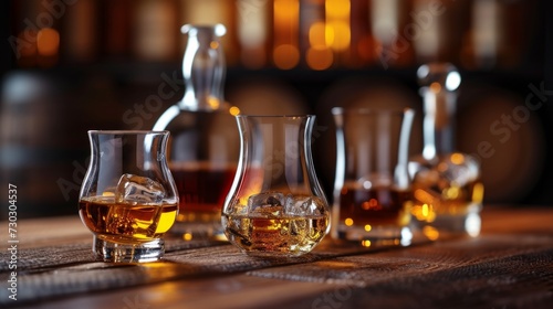 A sophisticated whiskey tasting setup with a variety of aged spirits and crys...