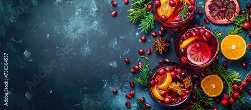 Text space for top view of holiday sangria with winter fruits such as cranberries, citrus, and pomegranate. photo