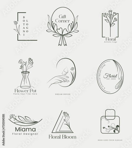 Botanical minimalist simple and modern Feminine floral line art logo editable template set