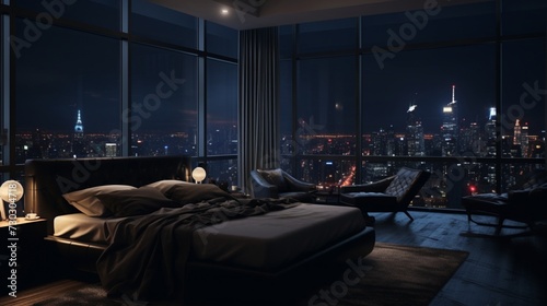 penthouse bedroom at night, dark gloomy, A room with a view of the city from the bed 