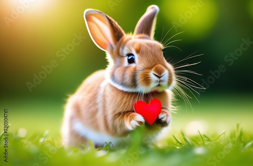 Beautiful small and cute rabbit with a heart on a blurred background in the park, green grass. Love. Valentine's Day. © Kseniya Ananko