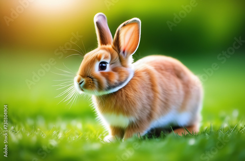 Beautiful small and cute rabbit with a heart on a blurred background in the park, green grass. Love. Valentine's Day.