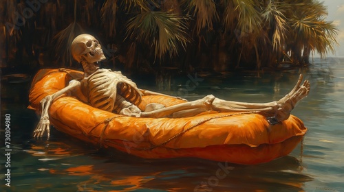 drawing of a skeleton resting on the sea in a yellow circle. Generative AI