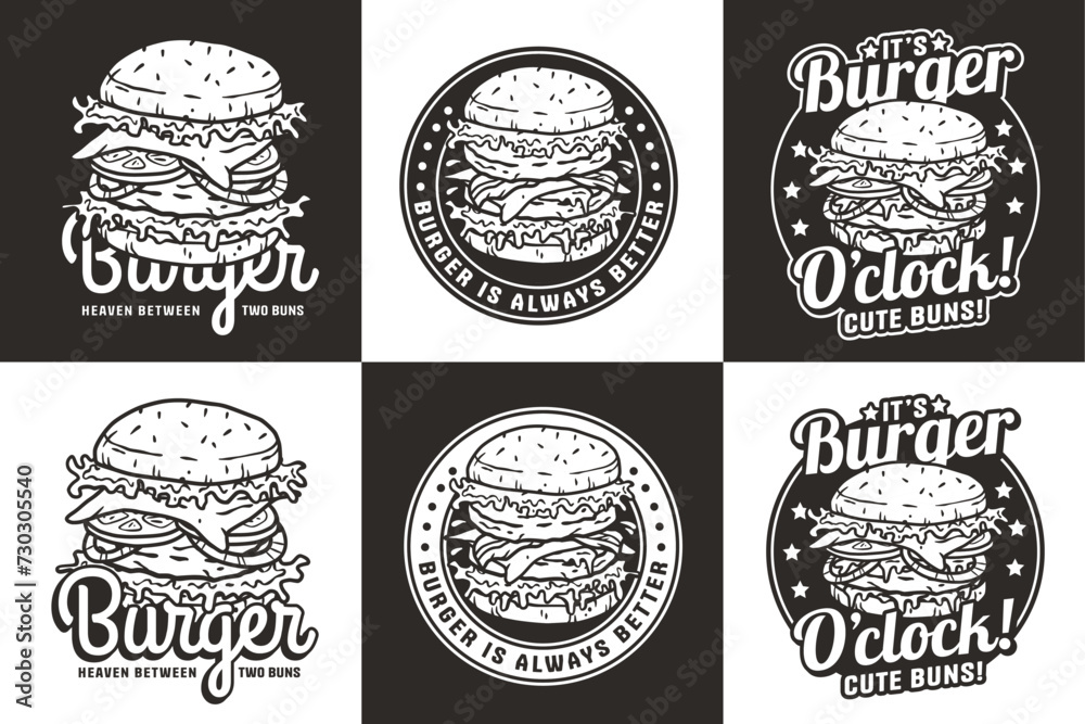 Monochrome burger vector set for logo of fast food. American food or hamburger collection for restaurant or cafe