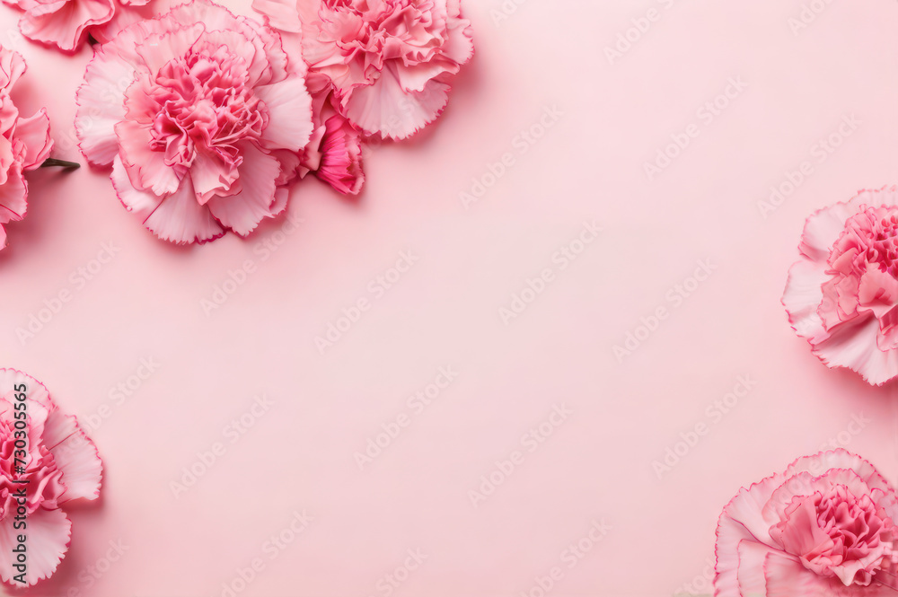beautiful pink carnations on pink background, top view