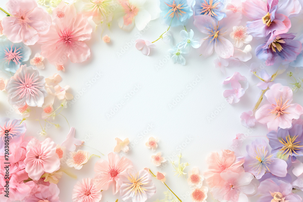 spring pink and purple flowers are arranged in a frame