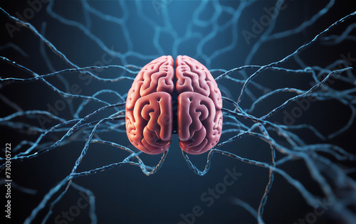 A detailed 3D rendering of a human brain surrounded by a network of interconnected neurons, set against a dark background. A neural network leading to a brain