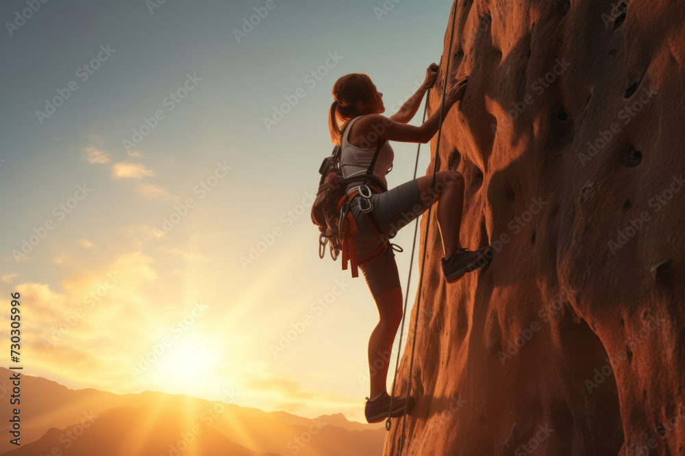 Climber woman climbing a large mountain at sunset. The concept of mountain tourism, travel, leadership, on the top. - obrazy, fototapety, plakaty 