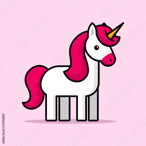 Cute happy magic unicorn with pink mane, Simple flat line doodle icon. Cute magic cartoon fantasy cute animal. Vector illustration