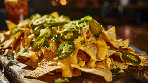 a delectable display of nachos generously coated in zesty jalapeno cheese