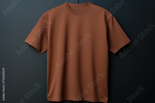 Brown t shirt is seen against a gray wall