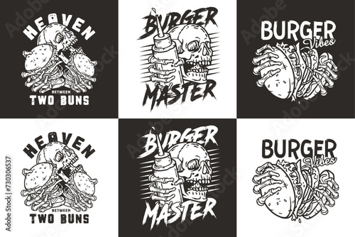Monochrome Burger vector set with burning skeleton with burgers in hands. Skull, fire and bones for logo, emblem, print of American food. Hamburger collection for restaurant or cafe