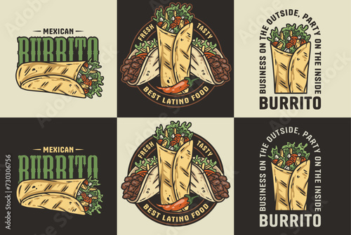 Burrito set mexican food vector with meat and vegetable for logo or emblem. Traditional burritos latin fast food collection