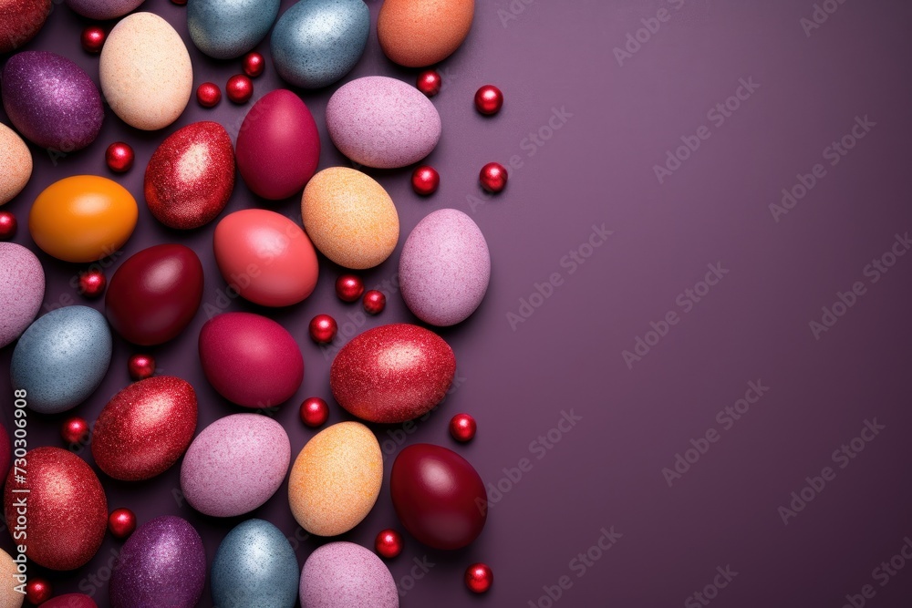 Burgundy background with colorful easter eggs round frame texture