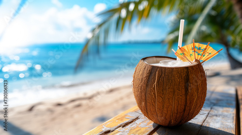 Erfrischender Cocktail in einer Kokosnuss mit Strohhalm und Dekoration auf einem Holztisch vor tropischem Strand