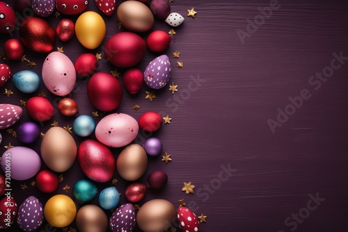 Burgundy background with colorful easter eggs round frame texture