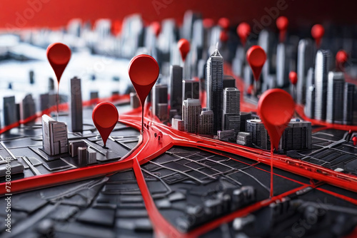City destination pinpointed. Red map pin in cityscape with network connection, illustrating destination and connectivity concept.