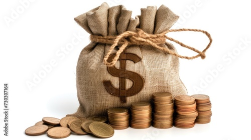 Money bag with dollar sign and stack of coins, symbolizing financial prosperity, isolated on a white background