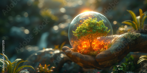 Glaskugel mit Pflanzen in der Hand in der Natur Nahaufnahme