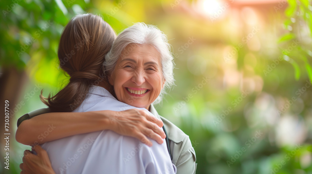 Happy woman, nurse and hug senior patient in elderly care, support or trust at old age home. Portrait of mature female person, doctor or medical caregiver hugging with smile for embrace at house Happy woman, nurse and hug senior patient in elderly care, support or trust at old age home. Portrait of mature female person, doctor or medical caregiver hugging with smile for embrace at house