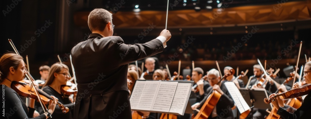 back view of professional conductor directing symphony orchestra with performers wearing medical