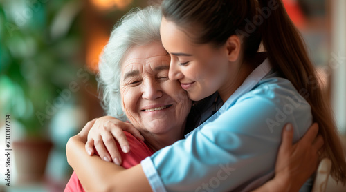 Happy woman, nurse and hug senior patient in elderly care, support or trust at old age home. Portrait of mature female person, doctor or medical caregiver hugging with smile for embrace at house © Enrique